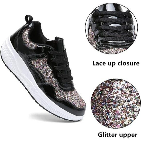 Kkdom Women's Black Breathable Mesh Comfort Lightweight Wedge Platform Sneakers - Picture 3 of 6